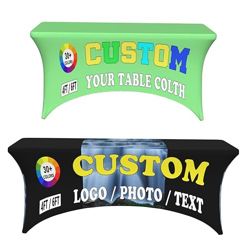 KAMXPOE Custom Table Cloth for Events Customized Spandex Table Cover Personalized Tablecloth with Business Logo, Stretch Fitted Rectangular Table Machine Washable Table Protector, 4FT, LightGreen