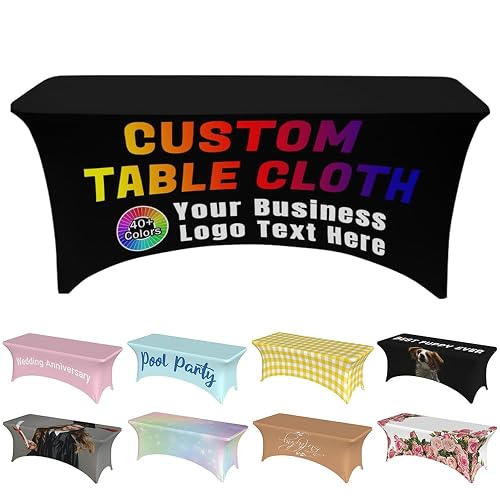 AXKEUDO Custom Table Cloth with Business Logo Personalized Tablecloth Table Cover for Company Tradeshow Events Birthday Holiday Event Solid Black 6 FT