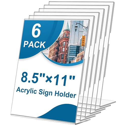 6 Pack Acrylic Sign Holder 8.5 x 11, L-Shape Clear Plastic Display Stand for Tabletop, Acrylic Stands for Flyers, Table Paper Holder, Vertical Sign Holder 8.5x11 for Restaurants, Office and School (Slant 6 Pack 8.5x11)