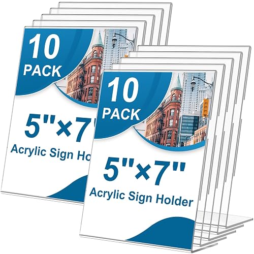 10 Pack Acrylic Sign Holder 5 x 7, L-Shape Clear Plastic Display Stand for Tabletop, Acrylic Stands for Flyers, Table Paper Holder, Vertical Sign Holder 5x7 for Restaurants, Office and School (Slant 10 Pack 5x7)