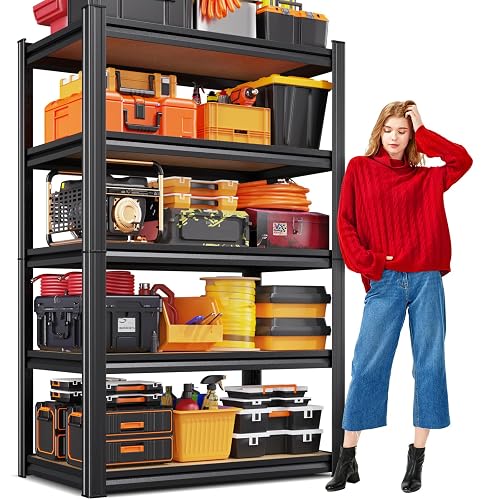 KORVENA Storage shelves, Adjustable Garage Shelving,5-Tier Shelving Unit | Metal Garage Storage Utility Rack Shelf 71.2''31.5''*13.8''MDF Freestanding for for Basement, Warehouse, Workshop