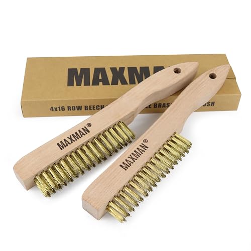 MAXMAN Brass Brush 10", 2Pcs Heavy Duty Brass Wire Brush, Rust/Weld Remover | Heavy Duty Brass Bristles, Metal Brush, Curved Beechwood Handle, Wire Brushes for Cleaning Rust, Compact & Sturdy