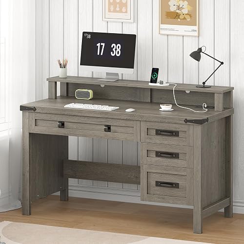 47" Farmhouse Computer Desk with 4 Drawers for Home Office, Bedroom | Executive Desk with Power Outlets, Home Office Desk with Monitor Stand & Drawers, Small Desk Writing Study Table, Grey