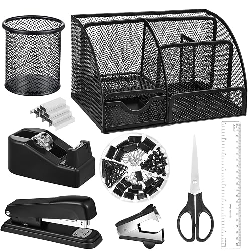 Black Desk Organizer and Accessories, Black Desk Asccessories Office Supply Kit Include Mesh Desktop Organizer Stapler 1000 Staples Tape Dispenser Pen Holder Staple Remover Clips Ruler Scissors