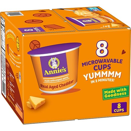 Annie's Real Aged Cheddar Mac & Cheese Microwavable Cups, 8 ct, 16.08 oz | 8g Whole Grain Per Serving, Ready in About 2 Minutes, Made with Real Cheese, No Artificial Flavors