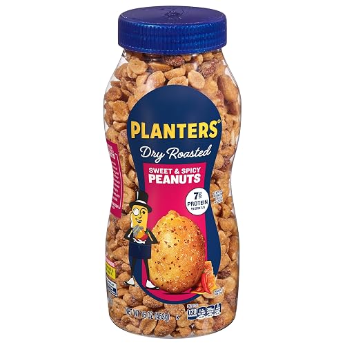PLANTERS Sweet & Spicy Peanuts, Plant Based Protein Snacks, 16 Oz (1 Ct) | Roasted Salted Nuts. 0g Trans Fat. Resealable Jar. Snacks for Adults. Party Mix, Party Snacks