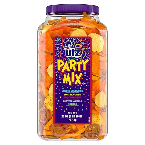 Utz Party Mix, 26 oz Barrel | Corn tortilla, nacho tortilla, pretzel, BBQ corn chip and cheese curl blend; resealable, cholesterol-free, trans-fat-free