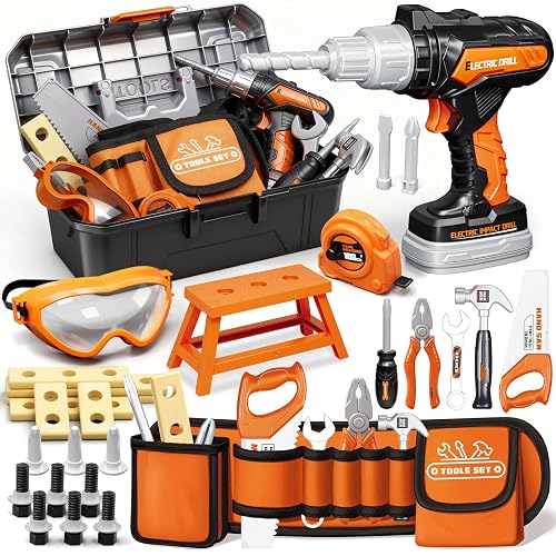 KidBloom Kids Tool Set, 50 Pcs Construction Toys, Toys for 3 Year Old Boys | Toddler Tool Set with Toy Drill, Portable Tool Box & Tool Belt, Pretend Role Play, Christmas Birthday Gifts for 3 4 5 6 7 8