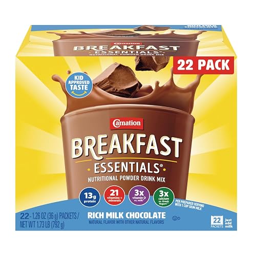 Carnation Breakfast Essentials Powder Drink Mix, Chocolate, 1.26 Oz Packets | Rich Milk Chocolate, 22 Count Box of 1.26 Ounce Packets