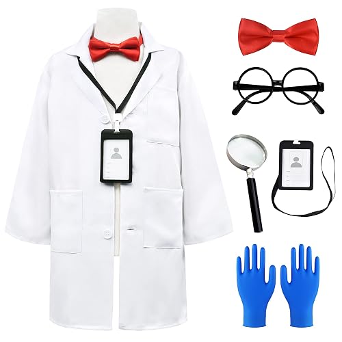 ZZIHAN Scientist Costume for Kids – Mad Scientist Lab Coat Costume 3–12 | Scientist Set with Goggles, Magnifying Glass, Gloves & Bow Tie for Boys & Girls, Halloween, Career Day, STEM & School Play