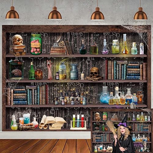 Mad Scientist Laboratory Backdrop for Halloween Magic School Background | Witch Kitchen Bookshelf Background , Creepy Skull Poison Bottles Apothecary Banner ,Kids Halloween Party Decor Photo Prop