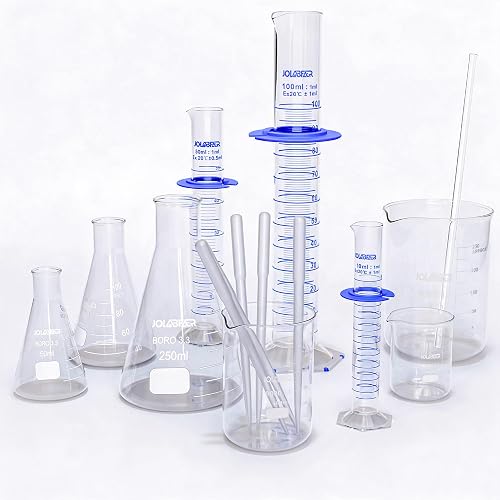 JOLABEAR Lab Glass Beakers, Cylinders and Flasks Set, 15pcs | 50-250 mL beakers and Erlenmeyer flasks, 10-100 mL graduated cylinders, anti-tip rings, five 3 mL pipettes, glass rod