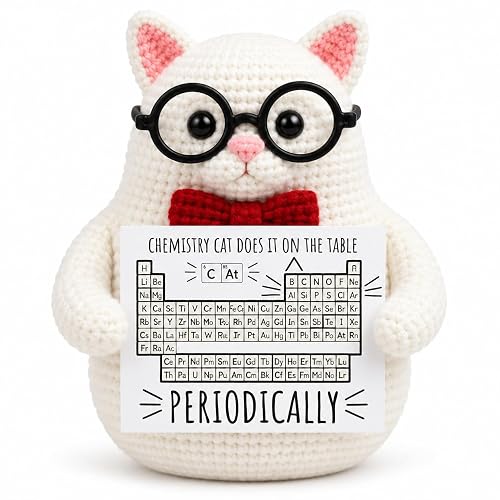 Chemistry Cat Crochet Plush with Funny Science Sign, Chemistry Teacher Gift, Science Student Present, Lab Office Collectible, Nerdy STEM Classroom Decoration(Periodic Table of Elements)