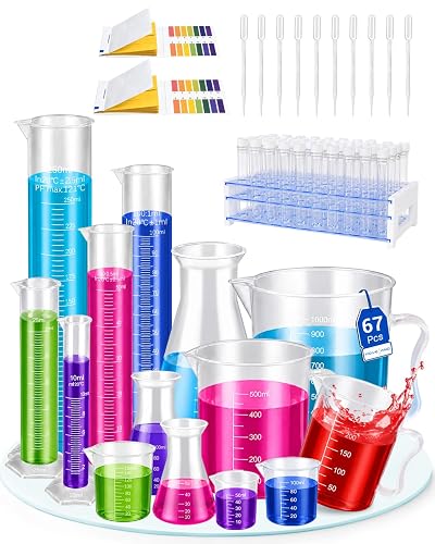 moveland 67PCS Plastic Test Tubes and Beaker Set for Lab Party DIY &Science | Thick Break-Resistant Plastic, Safe for Repeated Use, Ideal for School Measurement & Home Color Potion Play