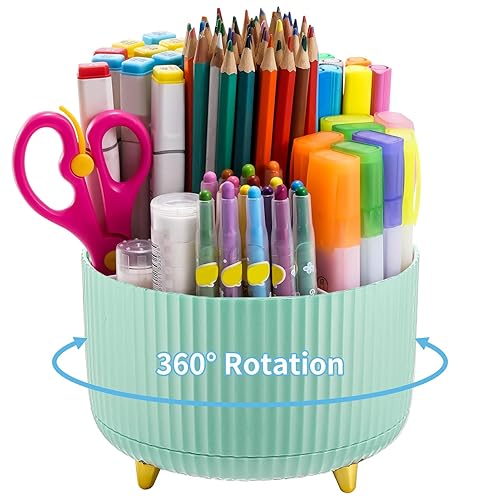 Marbrasse Desk Organizer, 360-Degree Rotating Pen Holder, Desk Organizers and Accessories with 5 Compartments Pencil Holder, Art Supply Storage Box Caddy for Office, Home (Mint Green)