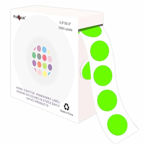 PARLAIM 0.5 Inch Round Permanent Adhesive Color-Code Dot Stickers,1000 Stickers Roll dots Label Dispenser Box Green Circle Stickers Labels (Fluorescent Green)