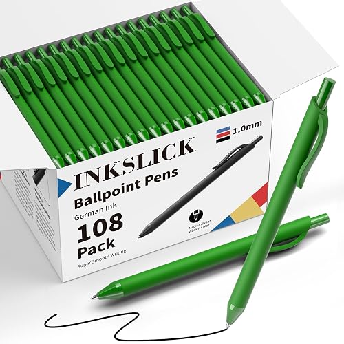 InkSlick 108 Pack Black Ink Pens Bulk Retractable Ballpoint Pens 1.0mm | No Bleed Click Pens Medium Point Smooth Writing Pens for Work Servers Office Business (Green Barrel)