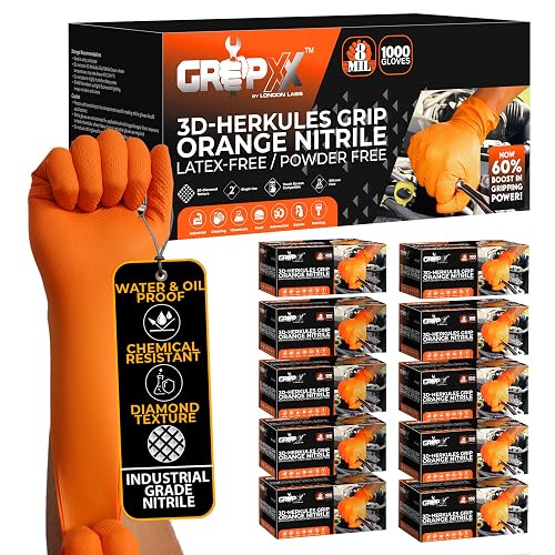 GRIPXX Herkules Grip Heavy Duty 8Mil Nitrile Gloves,3D Raised Diamond Texture-Latex & Powder Free-Industrial, Mechanic