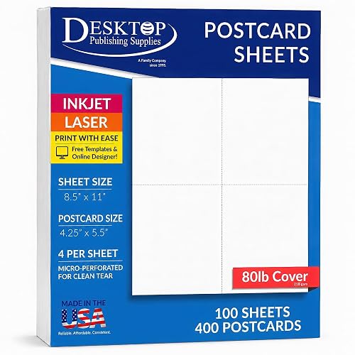 Heavyweight Blank Postcard Paper for Printing - 100 Sheets / 400 Postcards - White - Perforated 4 per Sheet - Thick 80lb Cover Cardstock - Inkjet/Laser Printable