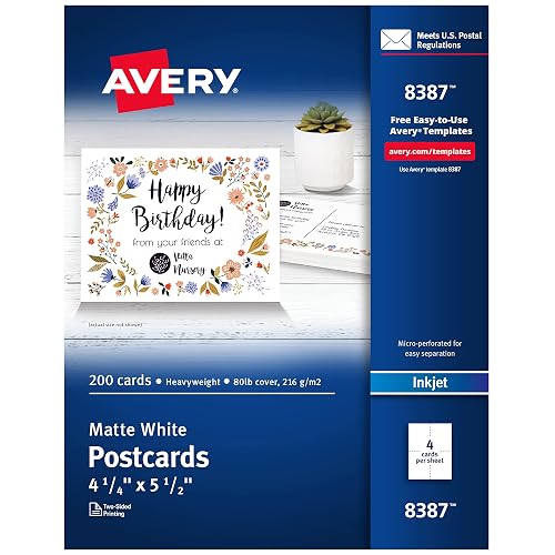 Avery® Printable Postcards, 4.25" x 5.5", Matte White, 200 Cards | Meets US Postal Regulations, Inkjet, Template 8387, Rectangle, Event Invitations, Announcements, Save the Dates, Perforated