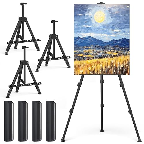 Art Painting Display Easel Stands - Portable Adjustable Floor Artist Easels | Aluminum Metal Tripod Black Stands with Bags, Sturdy for Table-Top/Floor Painting, Drawing, Displaying - Black 4 pack