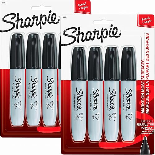 SHARPIE Permanent Markers, Large, Chisel Tip, Black,Marks on Paper, Plastic, Metal, and More, 4 Count (Pack of 2)