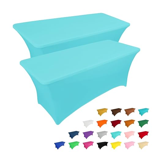 IVAPUPU 2 Pack 4FT Table Cloth for Rectangular Spandex Blue Mist Cover | Fitted Events Stretch Table Covers Washable Spandex Tablecloth Protector for Party, Wedding, Cocktail, Banquet, Festival