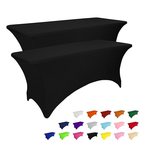 IVAPUPU 2 Pack 8FT Black Table Cloth for Rectangular Spandex Table Cover | Fitted Events Stretch Covers Washable Spandex Tablecloth Protector for Party, Wedding, Cocktail, Banquet, Festival