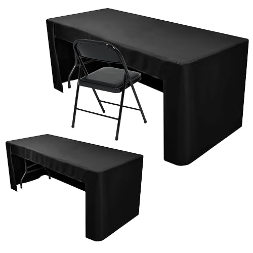 Open Back Fitted Table Cloths For 4 Foot Rectangle Tables Black 2 Pcs | 3-Sided Fitted Tablecloth, Washable Fabric Vendor Booth Table Cover, Fits Craft Show, Display, Parties, Outdoor Pop-up Shop