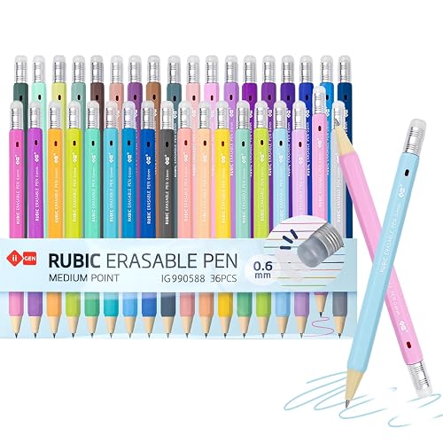 iiGEN RUBIC 0.6mm Erasable Pens 36 Assorted Colors, School & Planner | Retractable Twist, Quick-Drying & Ultra-Smooth, Medium Point, for Drawing, Writing and Journaling, School & Office Supplies