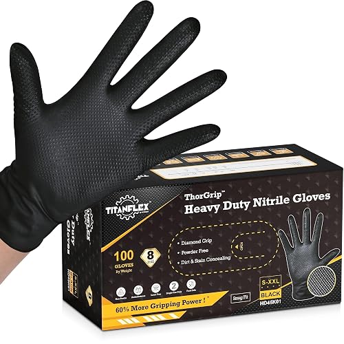 TitanFlex Heavy Duty Black Industrial Nitrile Gloves with Raised Diamond Texture, Latex Free 8mil