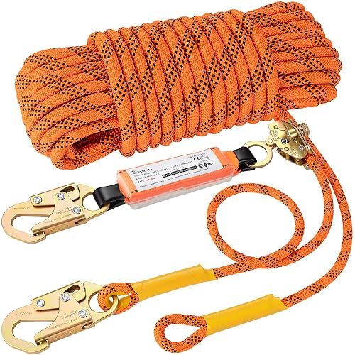 TRSMIMA Roofing Fall Protection Rope - 100ft Safety Rope for Roofing | Fall Protection Rope Heavy Duty Harness Safety Lanyard with Grab Snap Hook for Roof Work Construction