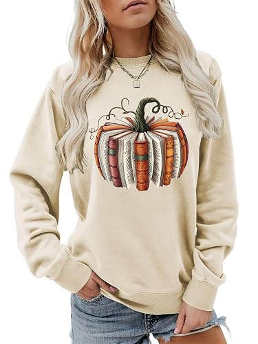Fall Pumpkin Book Sweatshirts for Women Halloween Book Lover Bookish Shirt | Pumpkin Season Sweatshirts for Women,Funny Pumpkin Book Graphic Shirt,Halloween Teacher Shirt,Causal Long Sleeve Pullovers