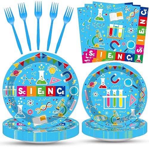 100 Pcs Science Plates Napkins Tableware Party Supplies Decorations | Serves 25 Disposable Paper Plates Napkins Plastic Forks Party Supplies, STEM Kids Little Scientist Birthday Lab Table Decor