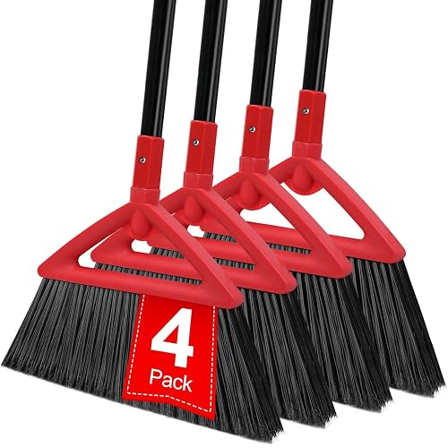 SZJYHQY Heavy Duty Red Angle Broom with Long Handle - 4 Pack | Versatile Indoor/Outdoor Sweeping, for Courtyard/Garage/Sidewalk/Kitchen/Lobby/Canteen, Durable & Efficient