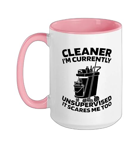 Cleaner Sanitation - Housekeeping Janitorial Cleaner Ceramic Mug, Pink/White, 15oz