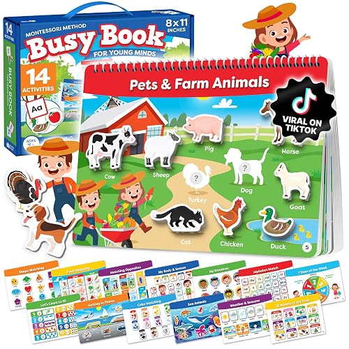 Montessori Busy Book & Preschool Learning Workbook for Toddlers Ages 3-5 | Preassembled Quiet Activity Book - Educational Travel Toy - Toys and Gifts for Kids