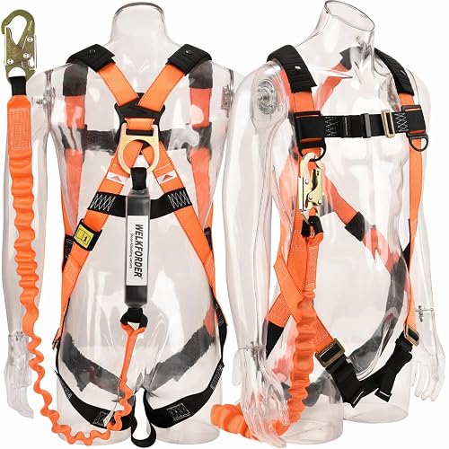 WELKFORDER 1D-Ring Industrial Fall Protection Safety Harness with 6-Foot Shock Absorber Stretchable Lanyard | Permanent attached Kit | ANSI Compliant Personal Fall Arrest System(PFAS)