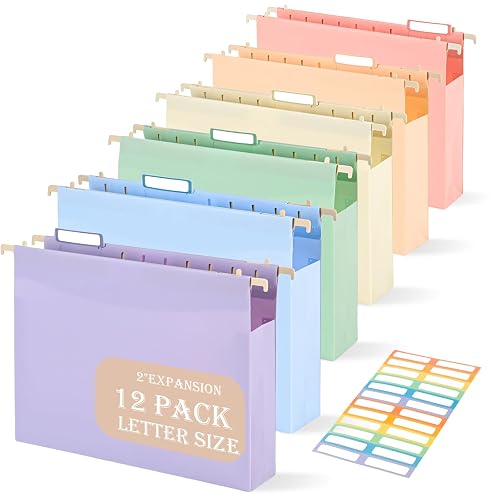 Extra‑Large Capacity Plastic Hanging File Folders with Tabs, Heavy‑Duty Letter Size for Filing Cabinets, 2" Expanding Pockets & 1/5‑Cut Tabs, 12‑Pack, Pastel Colors for Office & Home Organization
