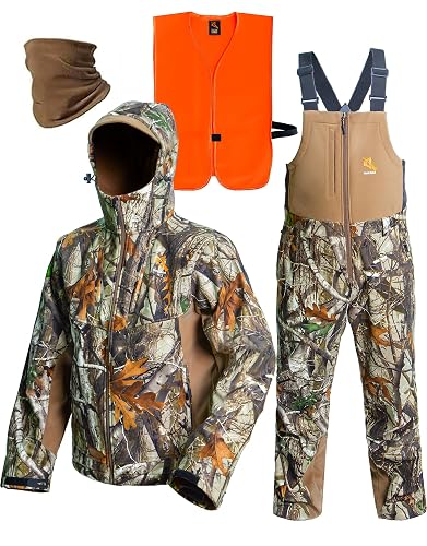 Hunt Quiet Hunting Clothes For Men, Silent Hunting Jacket & Bib | Water-Resistant Hunting Suit with Orange Safety Vest & Face Mask, Fleece Lining for Warmth, M-XXL