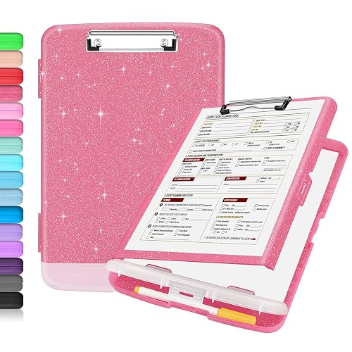 Sooez Glitter Clipboard with Storage, Nursing Clip Boards 8.5x11 with Pen Holder, Cute Clipboards with Low Profile Clip, Sparkle Plastic Organizer Case Box for Women Teacher, Side Opening