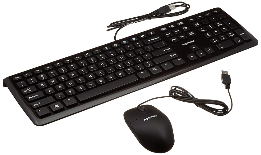 Amazon Basics Wired USB Keyboard and Mouse Combo, Full-Sized Keyboard with QWERTY Layout, Optical Tracking Mouse, Black