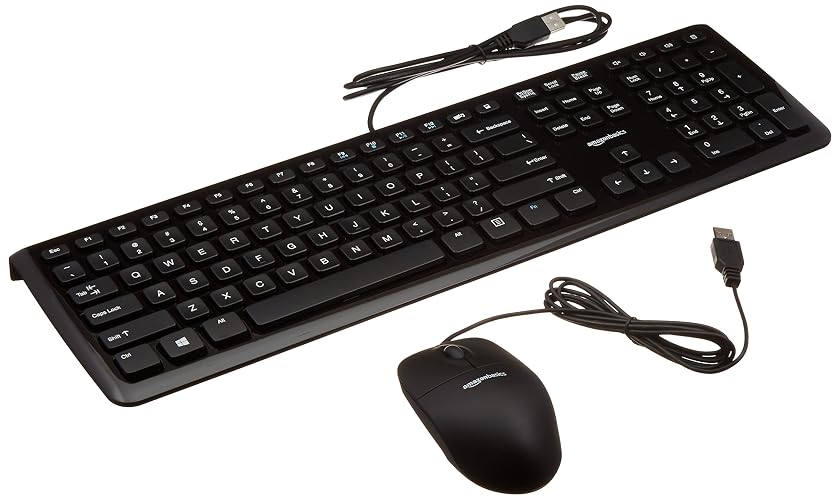 Amazon Basics Wired USB Keyboard and Mouse Combo, Full-Sized Keyboard with QWERTY Layout, Optical Tracking Mouse, Black, 10-Pack