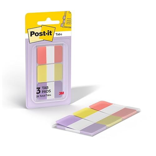 Post-it Sticky Tabs, 1 x 1.5 in, Warm Pastels, 3 Pads, 36 Tabs Total | Book Tabs in Assorted Warm Pastel Colors for Bookmarking, Annotating, Reading, and Reminders