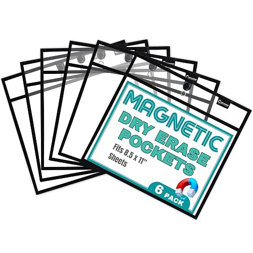 Magnetic Dry Erase Pockets by Two Point (6-Pack) - Landscape - Black Dry Erase Pocket Sleeves, Job Shop Ticket Holders, Clear Paper Sleeves Protectors, Magnetic Pouch