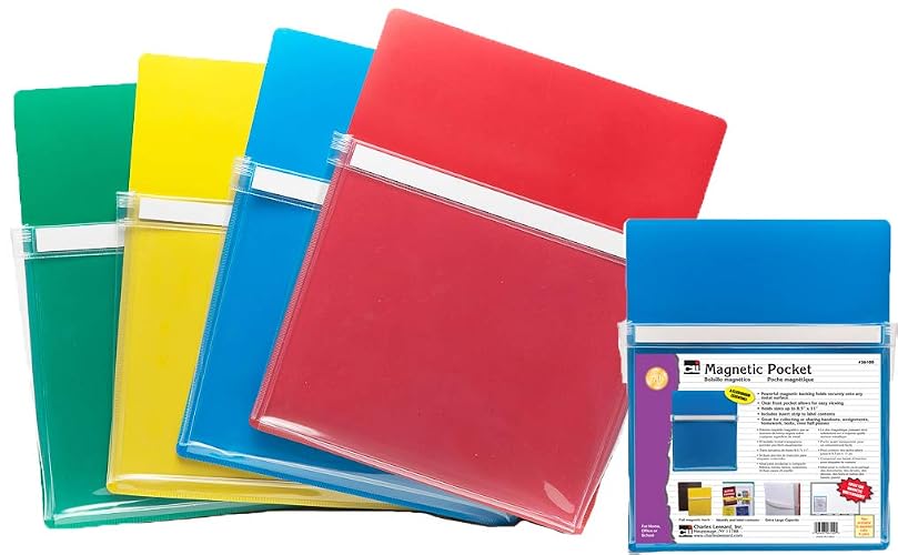 Charles Leonard CLI Magnetic Pocket, 4 Pack, Assorted Colors (26400) | Magnetic Pockets | Clear Front Pocket for Easy Inside Visibility | Ideal Use on Bulletin Boards | Set of 4 Per Pack