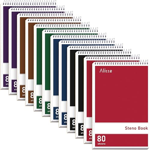 Alitte Steno Pads Spiral 6x9-12 Pack Assorted Bright Colors - Perfect for Work, School, and Home Use, Easy Tear-Off Pages, Gregg ruled, White Paper - No Ink Bleeds - 80 Sheets