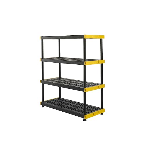 CX 4-Tier Heavy Duty Plastic Storage Shelves for Garage Organization | Freestanding garage utility rack with easy assembly, 4 shelves at 200lbs/Shelf, 55H x 48W x 20D, Black & Yellow, Made in USA