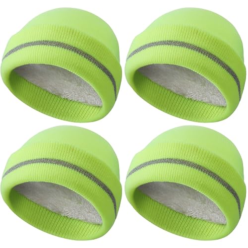 Suhine 4 Pack Hi Vis Safety Hat | Fleece Lined Winter Beanie for Men, Reflective Stripes for Visibility, Construction Road Safety, Warm Outdoor Knit Caps
