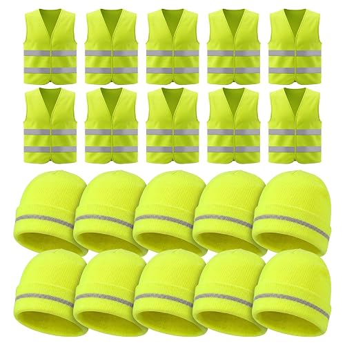 Didaey 10 Pieces Reflective Beanies Hat and 10 Pack Safety Vests Set | High Visibility Reflective Costume Set, Winter Security Beanies, Ideal for Adult Outdoor Night Works Running Cycling Joggers